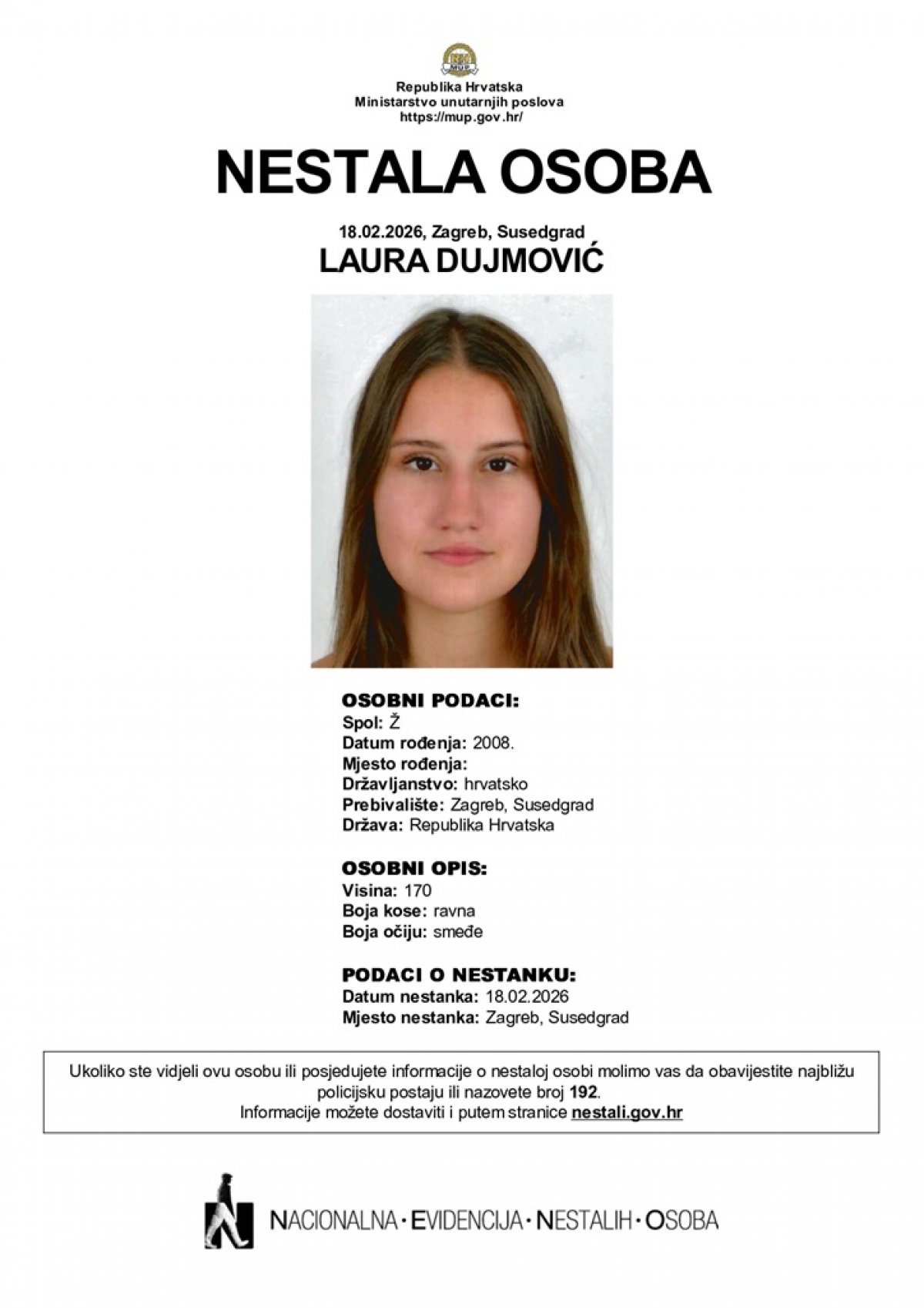 Policija traži pomoć javnosti: Laura Dujmović nestala u Zagrebu