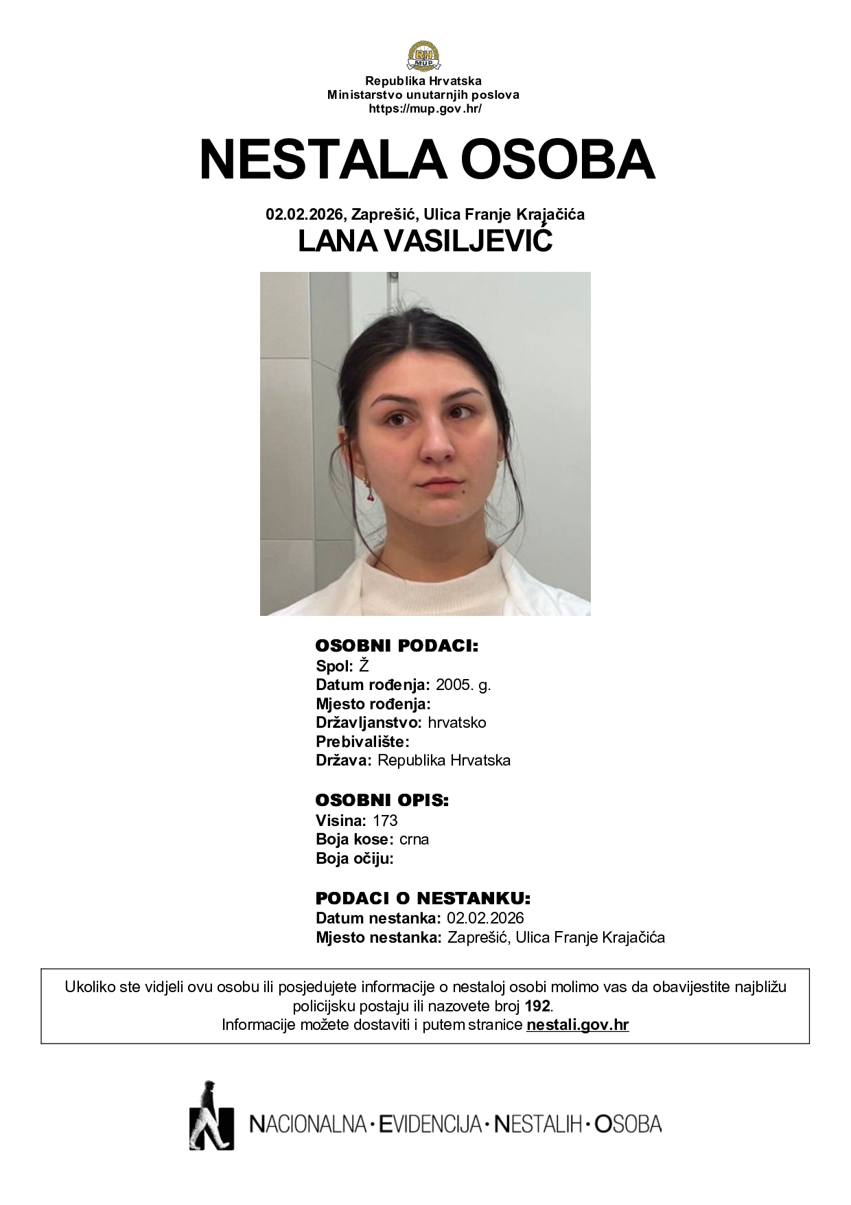 Zaprešić: Potraga za Lanom Vasiljević, policija apelira na pomoć javnosti