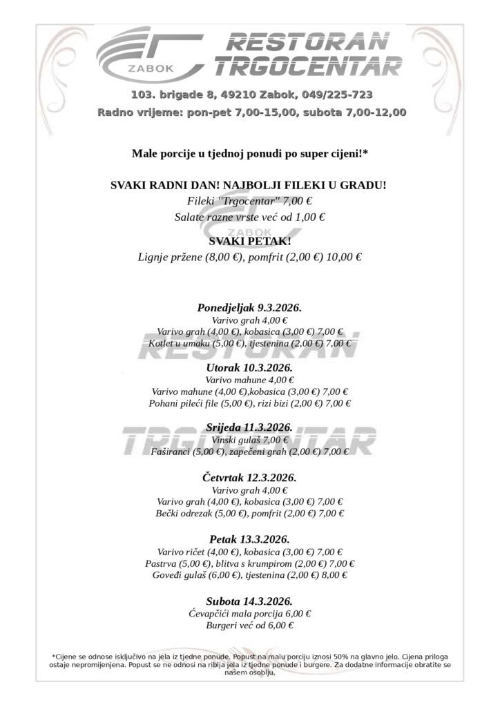 Restoran Trgocentar – 09.03.-14.03.2026.