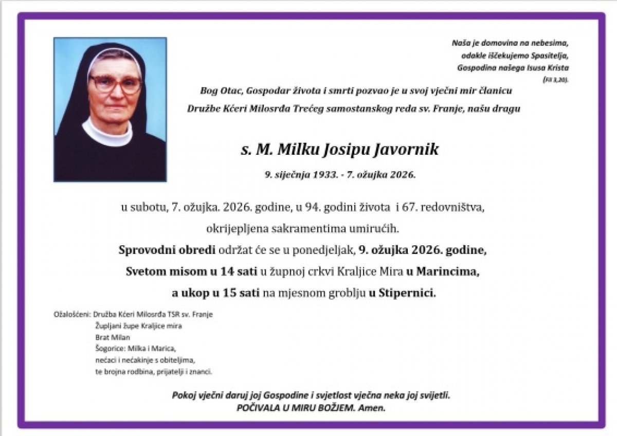 Odlazak istaknute zagorske časne sestre: Sestra M. Milka Josipa Javornik preminula nakon šest desetljeća službe u Pregradi